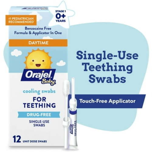 Orajel Baby Teething Cooling Swabs, Daytime, for Relief of Painful Swollen Gums, Drug-Free, 12 Swabs
