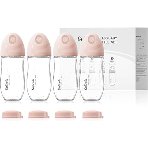 Natural Glass Baby Bottle 8 oz for Breastfed Babies, Anti-Colic Baby Bottle Set with Medium Flow Nipple, 3 Months +, 4 Pack - Pink