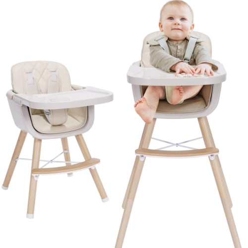 3-in-1 Convertible Wooden High Chair, High Chairs for Babies and Toddlers, Baby High Chair with Adjustable Legs & Dishwasher Safe Tray, Made of Sleek Hardwood & Premium Leatherette, Beige Color