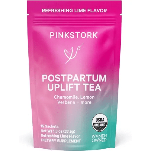 Pink Stork Postpartum Uplift Mood Support Tea: Hormone Balance for Women After Pregnancy, Chamomile Tea with Red Raspberry Leaf for Postpartum Recovery - Caffeine-Free, Hot or Iced, 15 Sachets