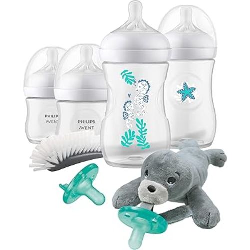 Philips AVENT Natural Response Baby Gift Set, 4X Natural Response Bottles: 2X 4oz with Nipples Flow 2 and 2X 9oz with Nipples Flow 3 with Seahorse and Starfish Design, 2X Soothie Pacifiers, SCD838/06
