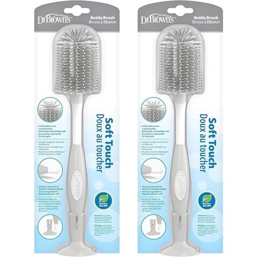 Dr. Brown's Soft Touch No Scratch Baby Bottle Cleaning Brush, Nipple Cleaner & Suction Cup Base for Easy Storage, BPA Free, Gray (Pack of 2)