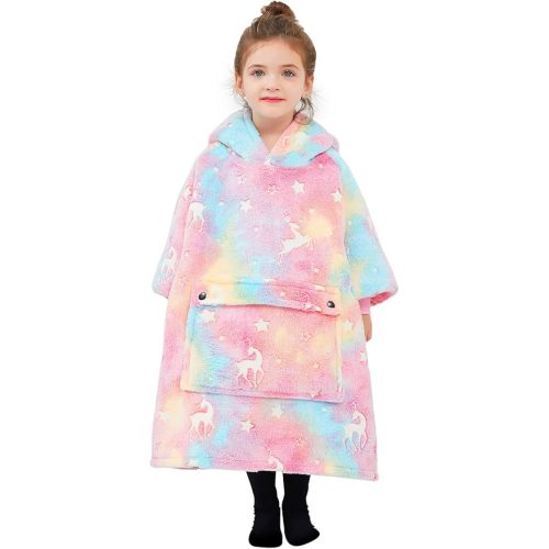 Glow in The Dark Wearable Blanket Hoodie for Kids Toddlers Sherpa Blanket Sweatshirt with Pocket 2-6 Year Old Girl Birthday Gifts