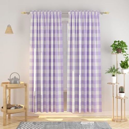 Buffalo Check Curtains 84 inches Long Cotton Basement Gingham Plaid Kitchen Window Curtain Panels Living Room Checker Drapes Bedroom Rod Pocket Window Treatment 2 Panels Lilac and White