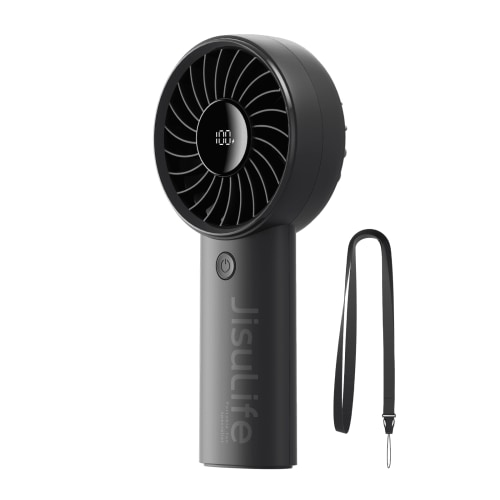 JISULIFE Handheld Fan - 5-Speed LED Display & 5000mAh Battery, USB-C Rechargeable with Lanyard, Compact Cooling for Travel/Beach/Makeup