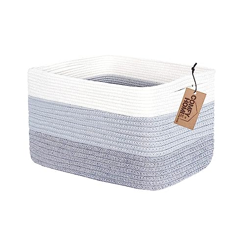 COMFY-HOMI Cotton Rope Woven Basket with Handles for Shelves,Toys,Book, Cloth Storage Baskets Bin for Organizing-13.5"x11"x9.5" Toy Decorative Organizer for Living Room, Bathroom-White/3Tone Grey