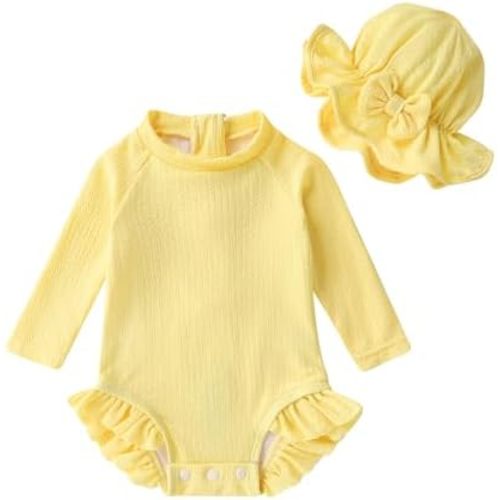 YOUNGER TREE Infant Baby Girls Swimsuit Long Sleeve Swimsuits One Piece Swimsuit Solid Color Bathing Suit with Hat, UPF 50+