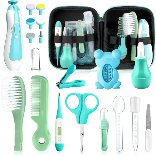 Baby Healthcare and Grooming Kit, 20 in 1 Portable Baby Safety Care Set with Hair Brush Comb Nasal Aspirator Electric Nail Trimmer Set Baby Essentials kit for Newborn Boys Girls (Green 20 in 1)
