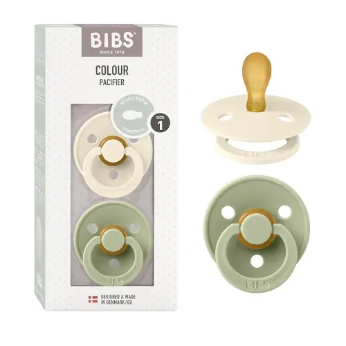 BIBS Pacifiers 0-6 Months | Set of 2 Colour Pacifier with Symmetrical Nipples | BPA-Free Natural Rubber | Made in Denmark | Ivory/Sage, 0-6 Months