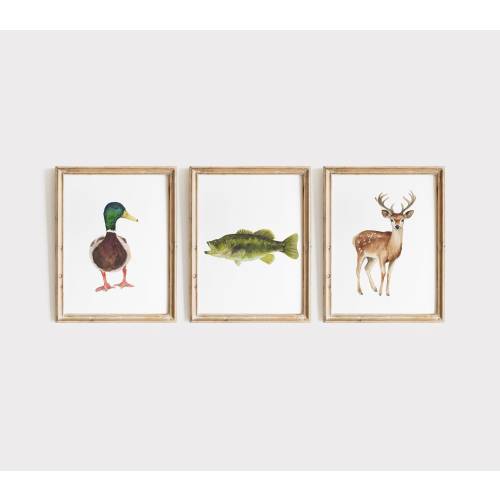 Watercolor Fishing Hunting Art Set, Fishing Art Print, Nursery Hunting Prints Deer, Nursery Bass Fish ,Fish Decor, Mallard Duck, Deer print
