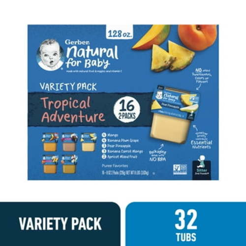 Gerber Stage 2 Baby Food, Tropical Adventure Variety Pack, 4 oz Tubs (32 Pack)