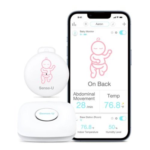 Sense-U Smart Baby Abdominal Movement Monitor - Tracks Baby's Abdominal Movement, Temperature, Rollover, Sleeping Position and Humidity on Smartphone and Base Station - Anytime, Anywhere, Pink