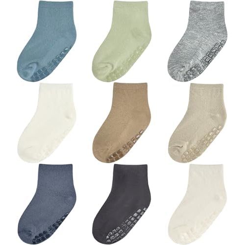 Baby Mid-Crew Socks with Grips (9 Pairs) for 0-7 Years Old Toddler Boy Girl Kids