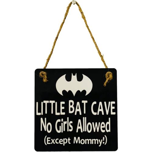 Little Bat Cave No Girls Allowed - Superhero Door Sign Hanger - Gift Present for Nursery - Boys Room