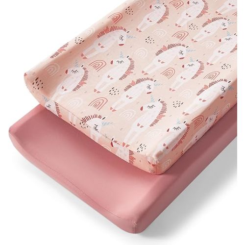 TILLYOU Changing Pad Cover Set in Soft Jersey Material - Fits 32"/34''x16 Contoured Pad for Babies, Unicorn & Meat Powder