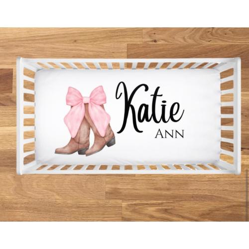 Cowgirl Crib Sheet, Custom Crib Sheet, Cowgirl Boots with a pink bow, Baby Girl Bedding, Western Nursery, Western Sheet, Baby Shower Gift