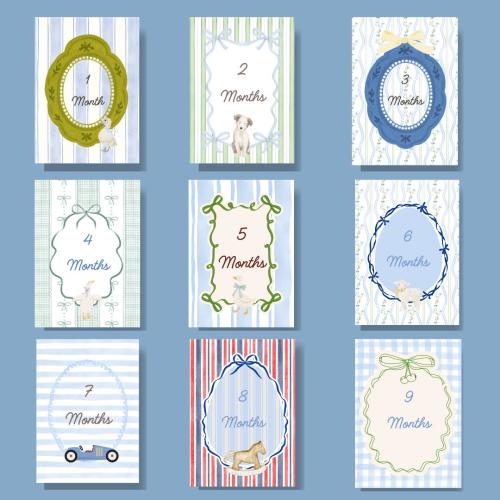 Baby Milestone Cards, 12 months, Printed, Linen Textured paper, Grandmillenial, Whimsical