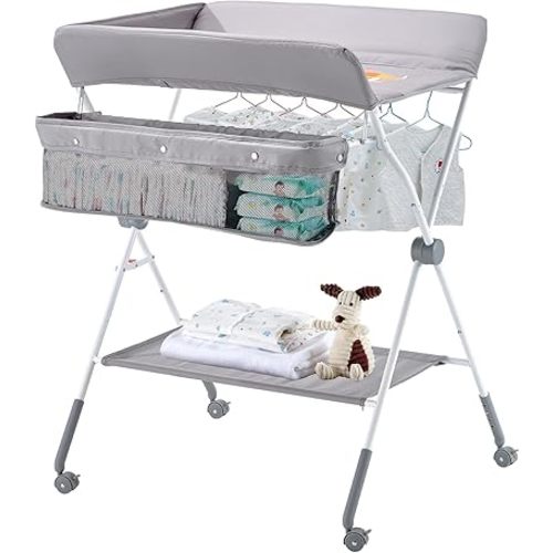 VEVOR Baby Changing Table, Foldable Diaper Change Station with Side Basket, Adjustable Height Changing Table with Lockable Wheels, Multi-Functional Nursery Storage Organizer, Gray