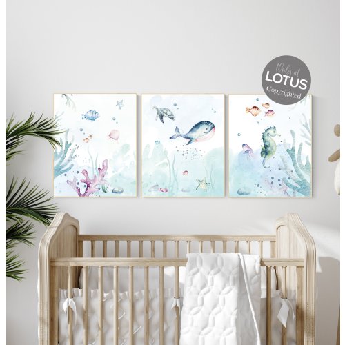 Under the sea wall art, Ocean nursery decor, Nautical nursery print set, under the sea nursery, gender neutral nursery, ocean, nautical