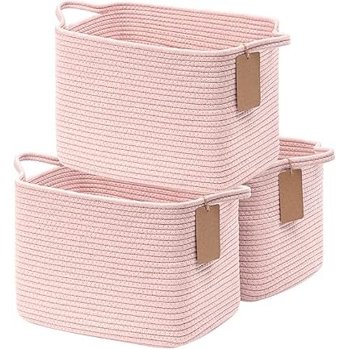 Goodpick Woven Rope Storage Basket Set of 3, Closet Baskets for Toys, Books, Rectangle Decorative Baskets for Organizing, Empty Gift Basket with Handles, 13 x 10 x 9 Inches, Pink