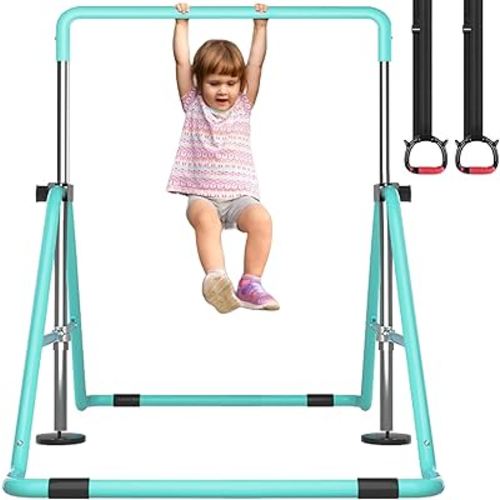 Gymnastic Bars for Kids, Horizontal Bars with Adjustable Height, Folding Gymnastic Training Kip Bar with Rings, Expandable Bars for Boys and Girls, Gymnastic Training Equipment for Home
