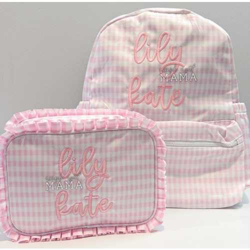 Monogrammed Wipeable Backpack - Southern Grandmillenial Style - Pink Gingham Bag Set