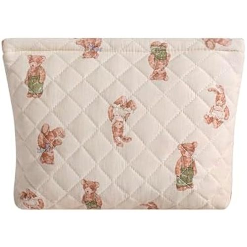 uekeboag Quilted Floral Cotton Makeup Pouch,Coquette Quilted Cosmetic Bag for Women and Girls, Aesthetic Organizer Bag, Flower Cute Travel Toiletry Bags(13White Bear)