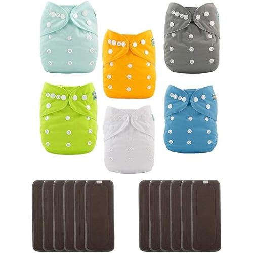 ALVABABY 6 Pack Baby Cloth Diapers with 12 pcs 5-Layer Charcoal Inserts/Adjustable Washable Reusable 6BM98-ZTN
