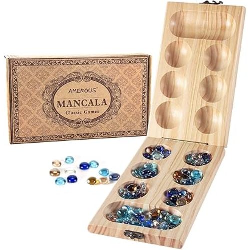 AMEROUS Wooden Mancala Board Game Set - Folding Board - Multi Color Glass Stones - Gift Package - Mancala Instructions, Portable Travel Board Game for Kids and Adults