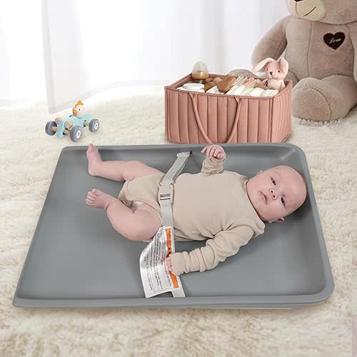 Baby Changing Pad, Large Portable PU Wipeable Waterproof Diaper Pad, Easy-Clean with Adjustable Buckle, No-Slip Bottom (New Grey)