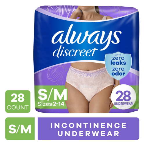 Always Discreet Adult Incontinence Underwear for Women and Postpartum Underwear, S/M, Up to 100% Bladder Leak Protection, 28 CT