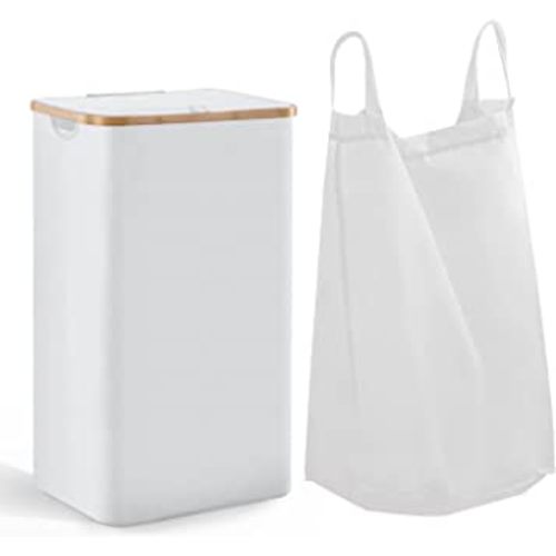 100L Large Laundry Hamper with Lid and Liner Bag, 27.6" Tall Laundry Basket with Handle, Waterproof and Collapsible Cloth Hamper for Bedroom and Bathroom, White