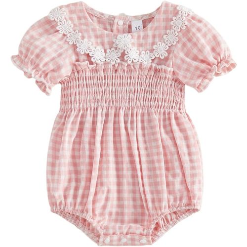 Newborn Baby Girl Summer Clothes Peter Pan Collar Plaid Flower Smocked Bubble Short Sleeve Romper One Piece Outfit