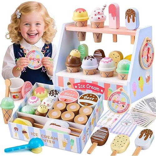 Ehome Wooden Ice Cream Toys Set Pretend Play Food Store for Kids Serve Ice Cream Counter Shop Kitchen Playset with Lucky Wheel, Scoop, Menu, Fake Money for Boys and Girls Ages 3 4 5 6 Birthday Gift