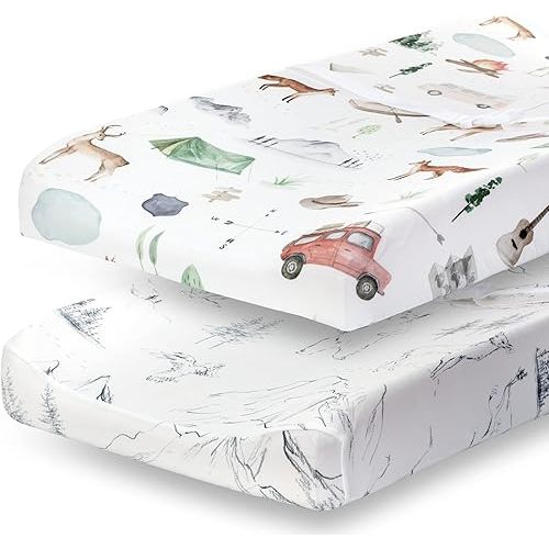 Pobibaby - Lot de 2 housses de matelas à langer de qualité supérieure – Mélange de coton ultra doux, motif forêt élégant, sûr et confortable pour bébé (Explore)