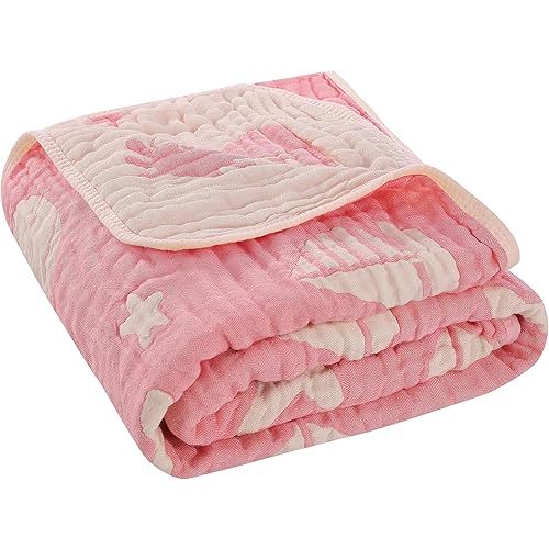 6-Layer Muslin Baby Blanket Made with Organic Cotton - Serene Ocean Life & Sea Wonders Theme,Swaddle & Crib Quilt, 43" x 43",Pink Ocean