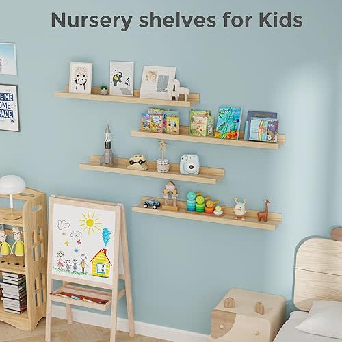 Set of 4, 36 Inches Nursery Book Shelves for Toys Storage, Kids Bookshelf Wall Mounted, Natural