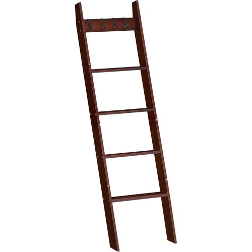 HOOBRO Blanket Ladder for Living Room and Bedroom, 5-Tier Wall Leaning Towel Rack for Bathroom, Decorative Ladder Shelf with 4 Removable Hooks, Farmhouse Blanket Storage, Brown BR51CJ01G1