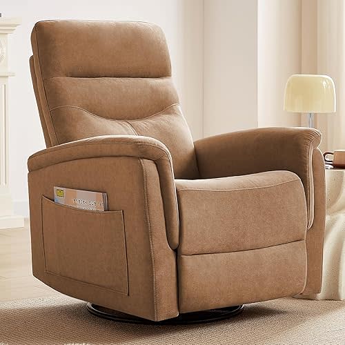 Recliner Chair, 360 Swivel Rocker Recliner Chair for Adults, Glider Rocker Recliners, Nursery Living Room Chairs, Recliner Rocking Chair with High Back, Velvet Deep Seat for Bedroom, Camel