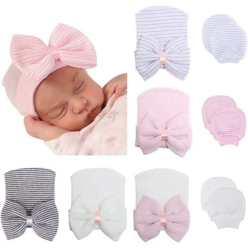 BQUBO Newborn Baby Caps Mittens for Baby Girls Baby Hats Scratch Mitten Gloves Set Soft Hospital Hat Infant Hats with Bow