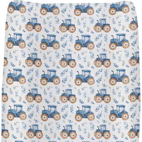 Watercolor Blue Tractors Baby Changing Pad Covers for Boy Girl Farm Tractors Boho Leaves Fitted Change Table Mats Farm Life Soft Diaper Change Table Cover Sheets for 32''×16'' Contoured Pad