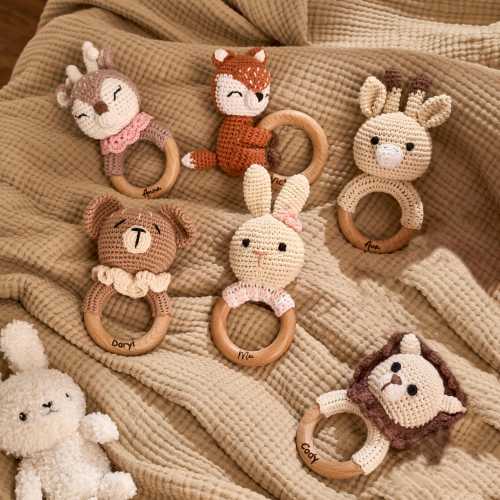 Personalized Toy Rattle · Baby gift · Animal Crochet Baby Rattle · Wooden rattle · Teether bites wood · Soothing rattle · Baby shower