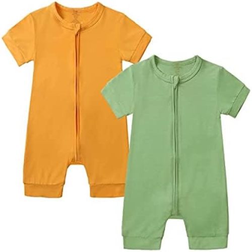 JunNeng Baby Boy 2 Pack Rayon of Bamboo Summer Sleeper Infant Soft Short Sleeve Zipper Footless One-piece Romper