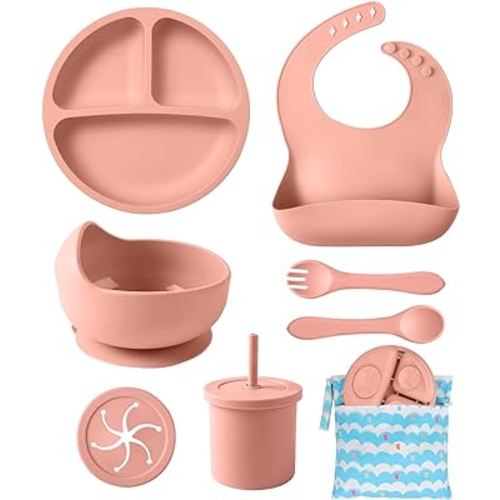 ECLIP Silicone Baby Feeding Set, 10 Pcs Baby Led Weaning Supplies with Suction Bowl Divided Plate Adjustable Bib Soft Spoon Fork Snack Cup with Lid Drinking Cup, Utensil (Brick Red)