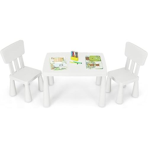 Costzon Kids Table and Chair Set, 3 Piece Plastic Children Activity Table for Reading, Drawing, Snack Time, Arts Crafts, Preschool, Kindergarten & Playroom, Easy Clean, Toddler Table & Chair (White)