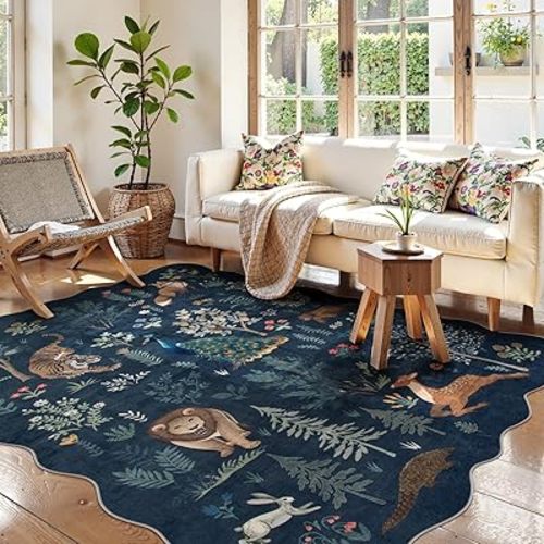 Lahome Jungle 5x7 Blue Area Rug, Soft Kids Rug for Bedroom Ultra-Thin Washable Playroom Rugs, Non Slip Animal Print Carpet Rug for Living Room Neutral Nursery Classroom (Blue, 5'x7')