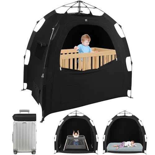 Blackout Tent for Pack N Play: Portable Baby Sleep Pod with 1-Click Setup, Mini Crib Cover with Monitor and Fan Pouches, Blocks 95% of Light, Travel Crib Canopy