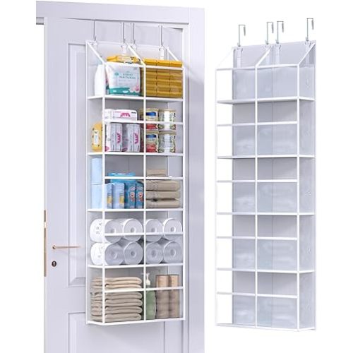 Clear Over The Door Organizer 5 Shelf, Door Hanging Organizer with 10 Large Capacity Pockets, Behind The Door Storage for Pantry Dorm Room Bedroom Closet Nursery and Sundries, White