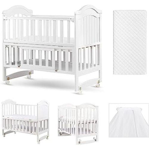HARPPA Portable Mini Baby Crib 6-in-1 Convertible, Includes Mattress and Mosquito Net, Bedside Sleeper for Newborn Infants to Toddlers, White