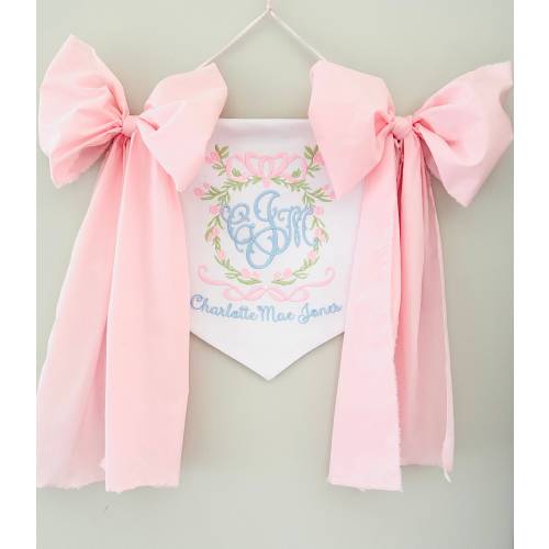 Custom Baby Banner, Birth Announcement, Floral Crest Welcome Banner, Hospital Door Crib with Fabric Bows, baby shower gift,Embroidery Banner